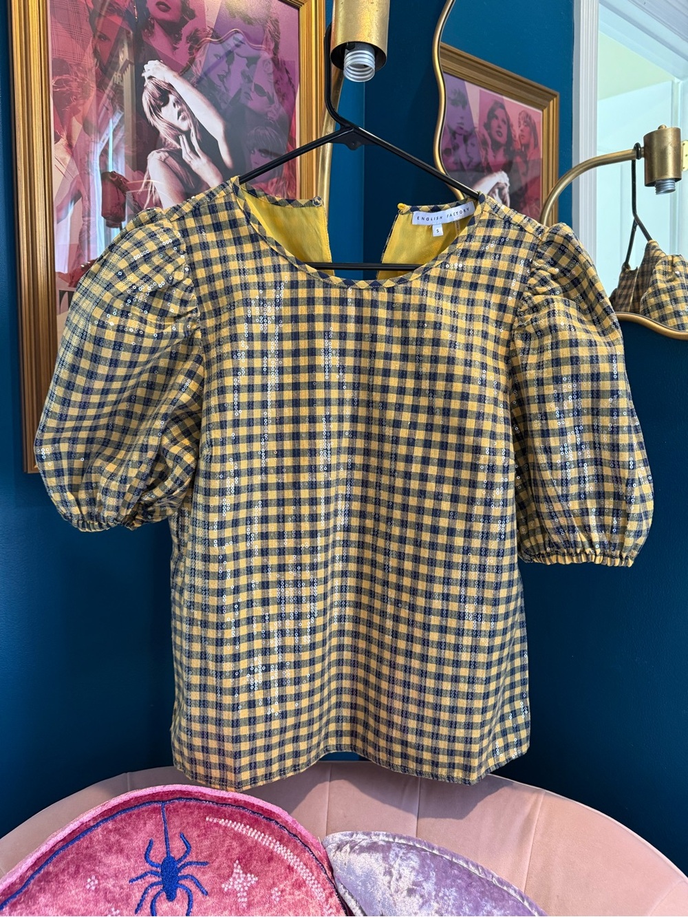 English Factory Yellow & Navy Gingham Puff Sleeve Blouse